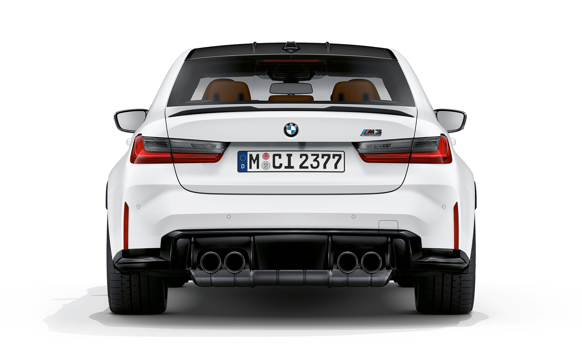 BMW M3 Competition G80 2020 Frozen Brilliant White metalizado, vista de zaga